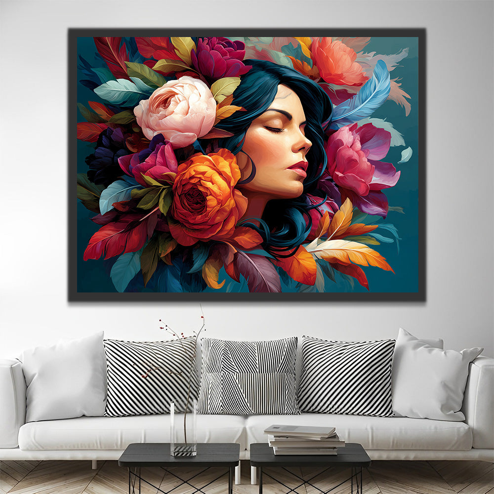 Femme Entourée de Pivoines Luxuriantes Peinture par Numéros