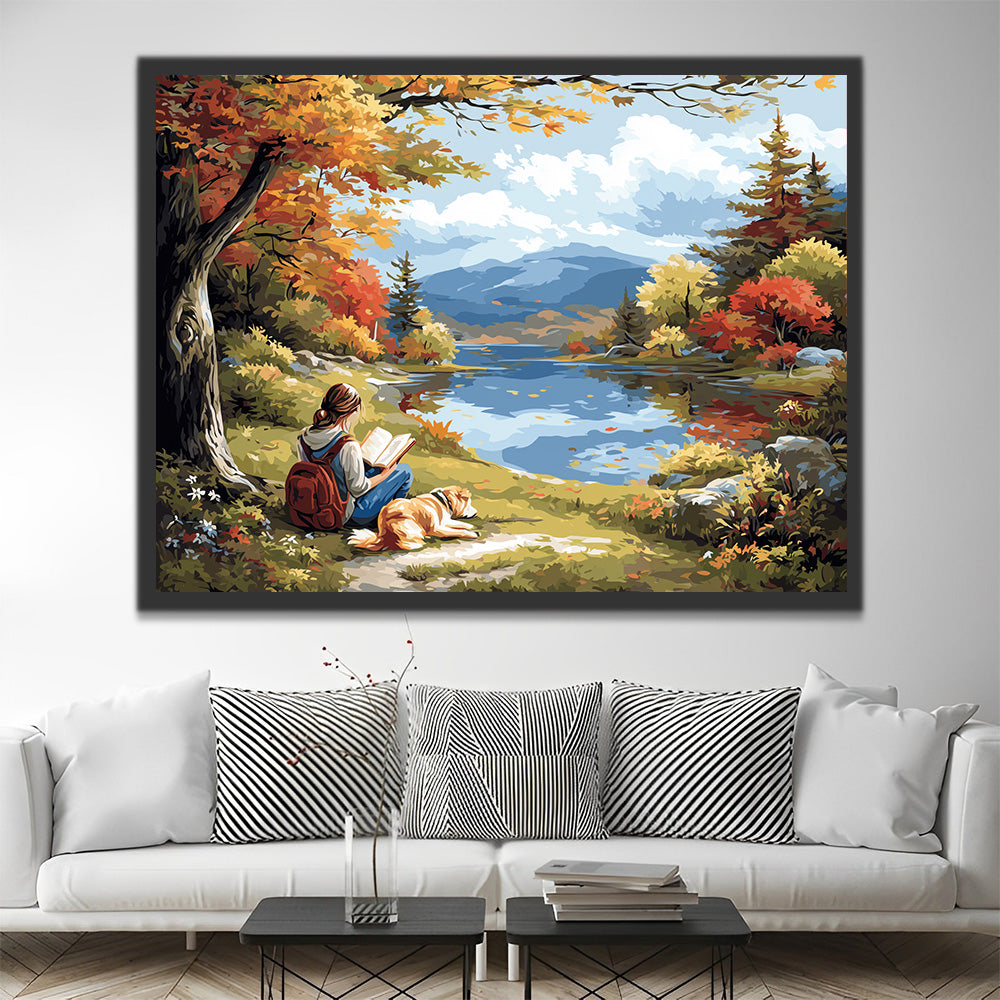 Femme Lisant sous un Arbre en Pleine Nature Peinture par Numéros