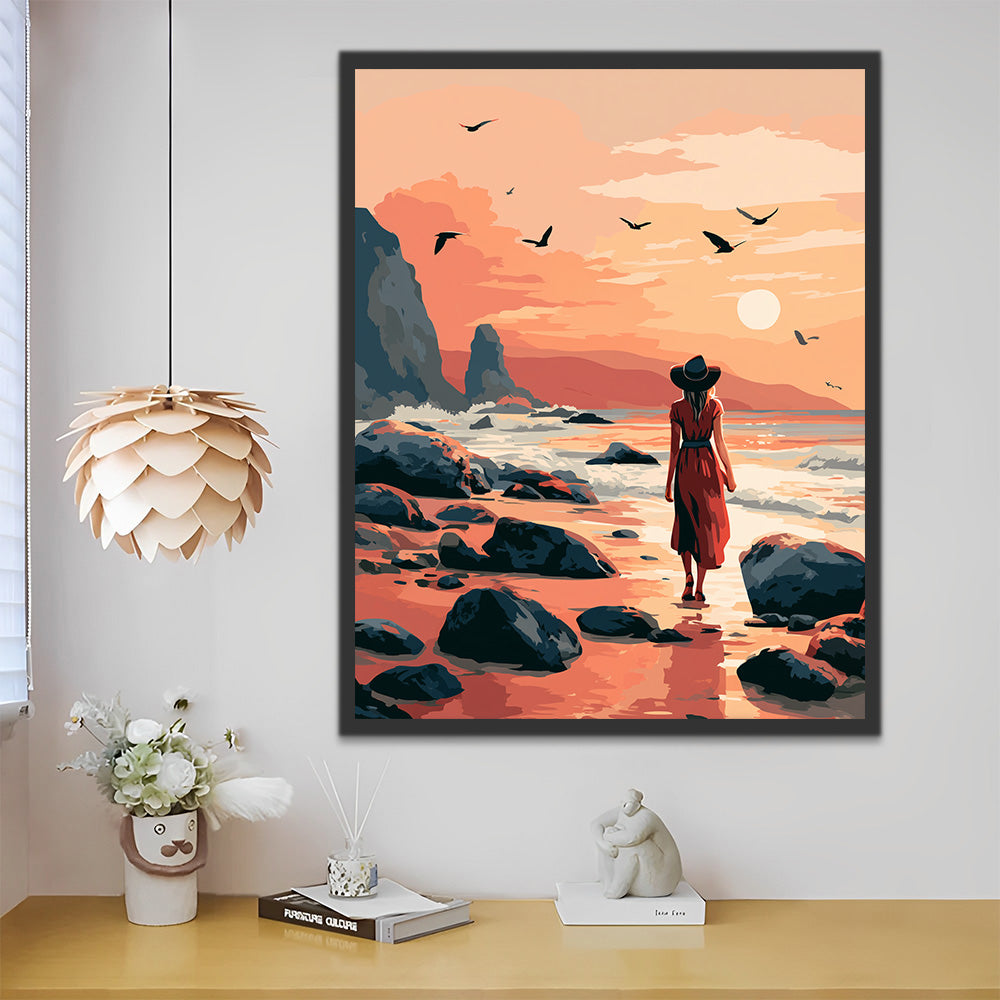 Femme près des rochers au bord de la mer Peinture par numéros