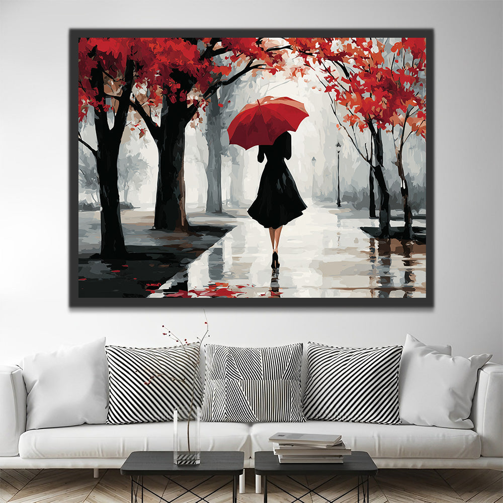 Femme tenant un parapluie rouge dans les bois Peinture par numéros