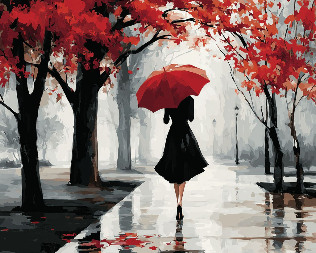 Femme tenant un parapluie rouge dans les bois Peinture par numéros