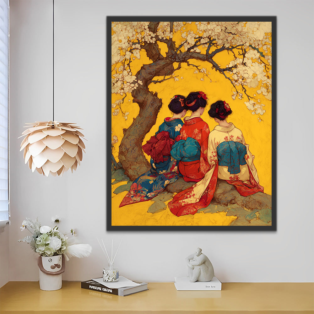 Femmes Japonaises sous un Cerisier en Fleurs Peinture par Numéros