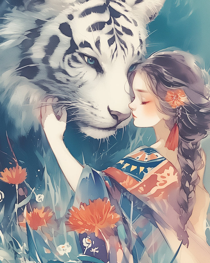 Fille et tigre blanc Peinture par Numéros