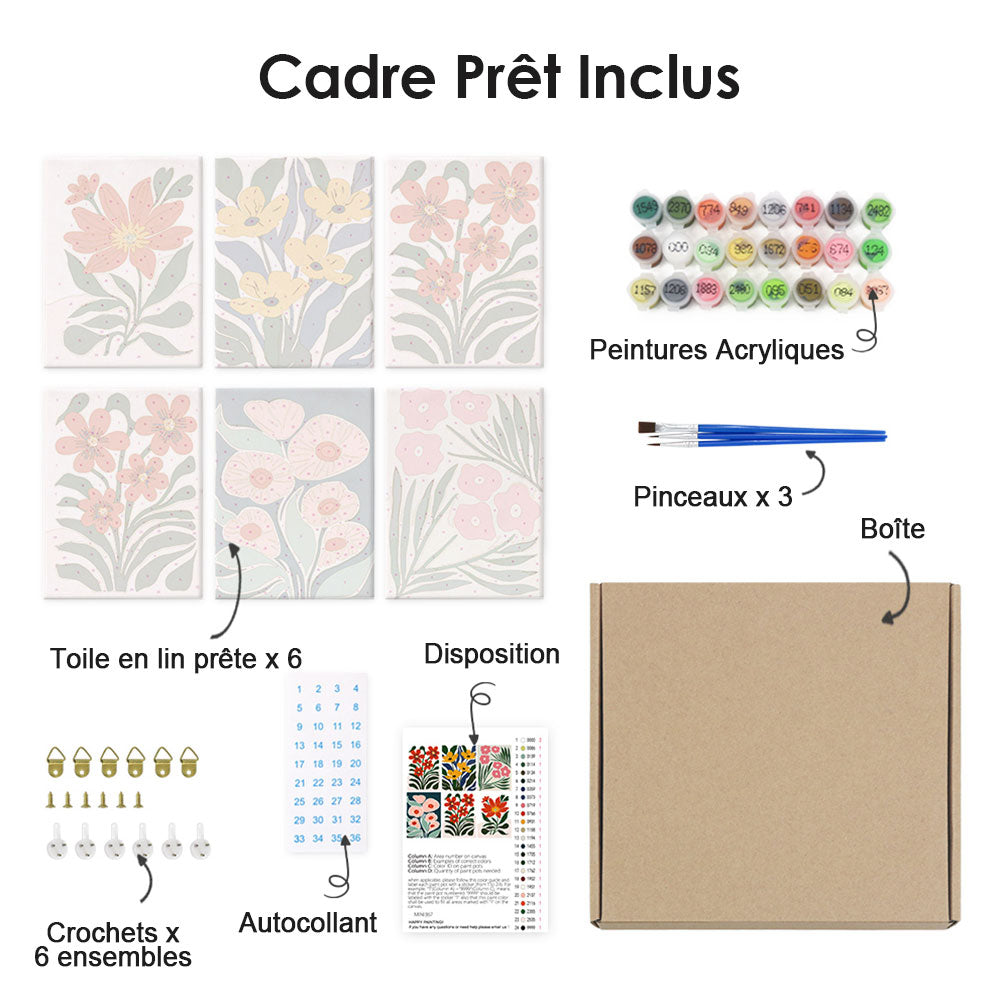 Fleurs aux Couleurs Vives parmi les Feuilles Vertes 6 Mini Peintures par Numéros