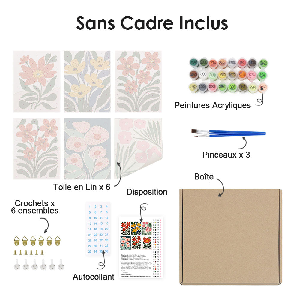 Fleurs aux Couleurs Vives parmi les Feuilles Vertes 6 Mini Peintures par Numéros