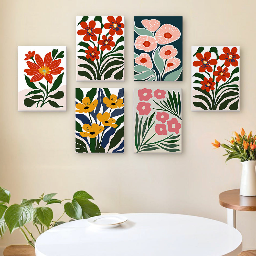 Fleurs aux Couleurs Vives parmi les Feuilles Vertes 6 Mini Peintures par Numéros
