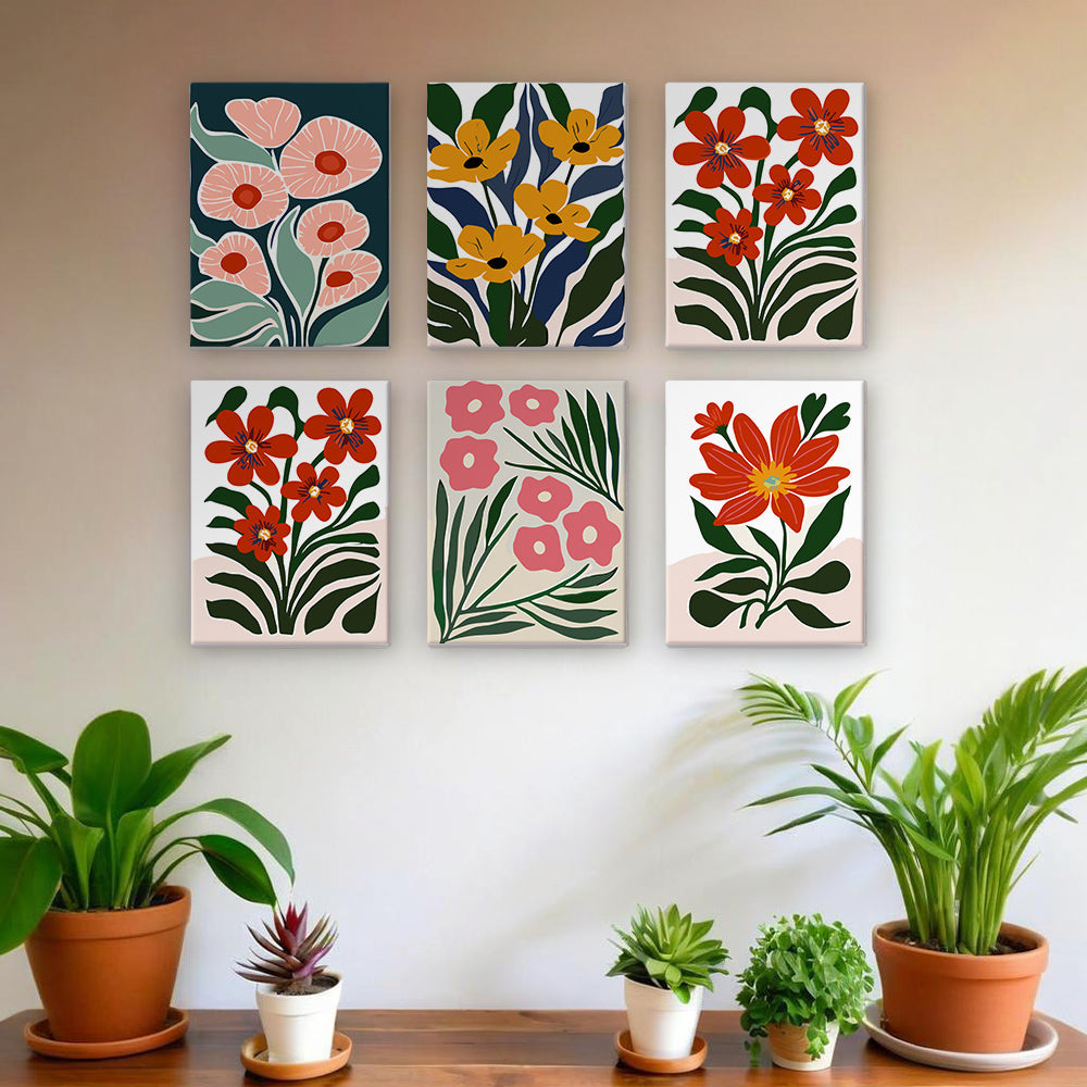 Fleurs aux Couleurs Vives parmi les Feuilles Vertes 6 Mini Peintures par Numéros