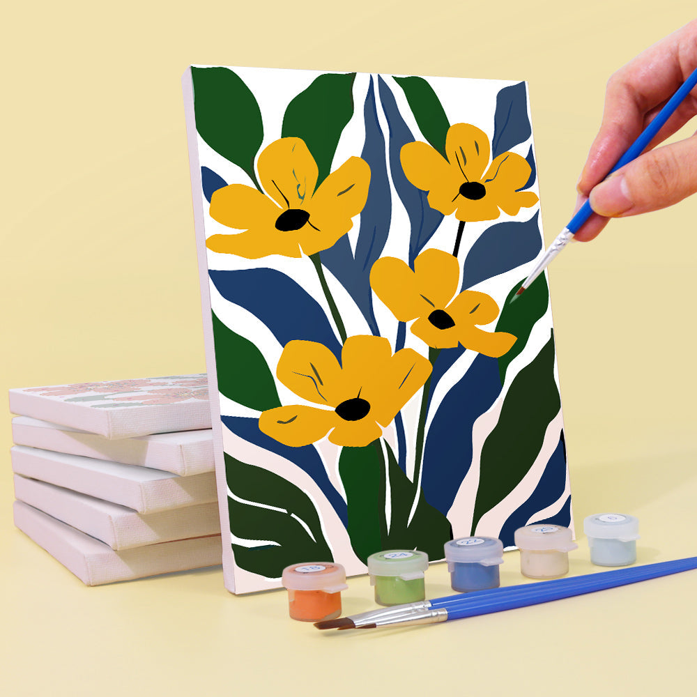 Fleurs aux Couleurs Vives parmi les Feuilles Vertes 6 Mini Peintures par Numéros