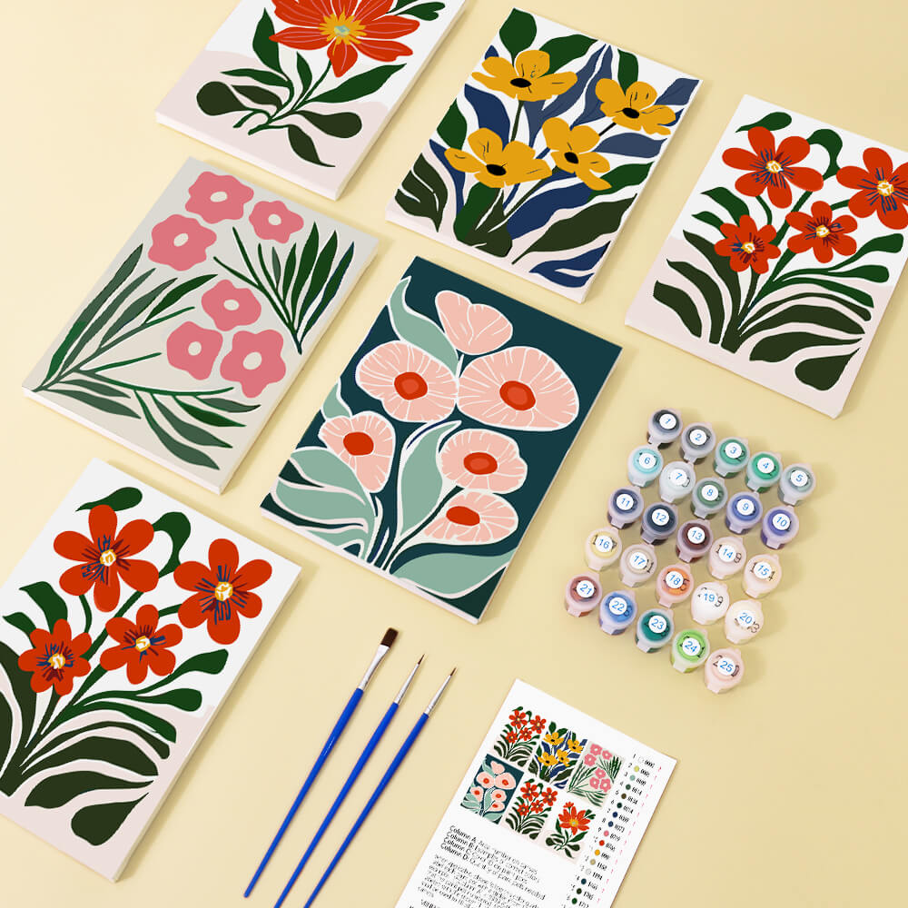 Fleurs aux Couleurs Vives parmi les Feuilles Vertes 6 Mini Peintures par Numéros