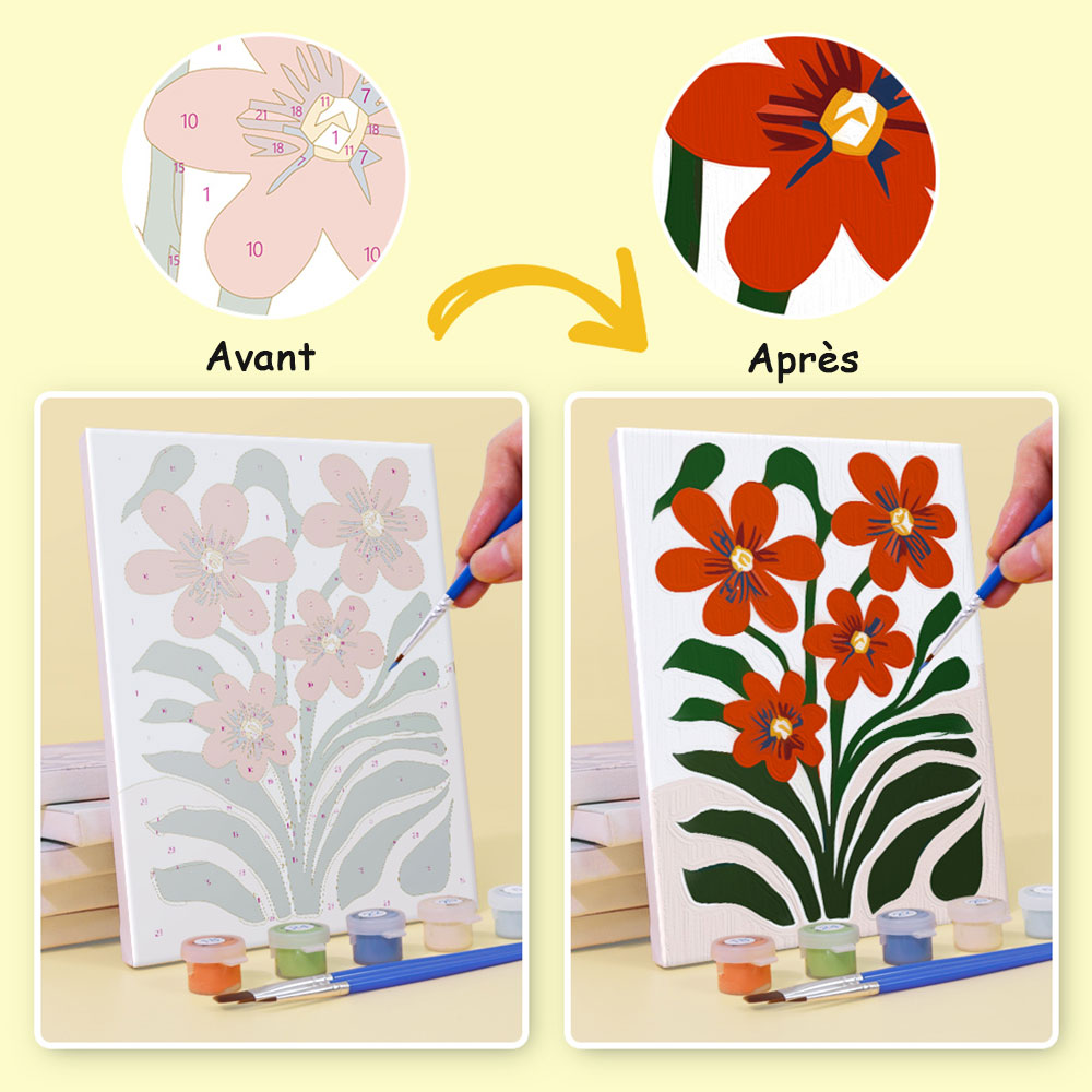 Fleurs aux Couleurs Vives parmi les Feuilles Vertes 6 Mini Peintures par Numéros