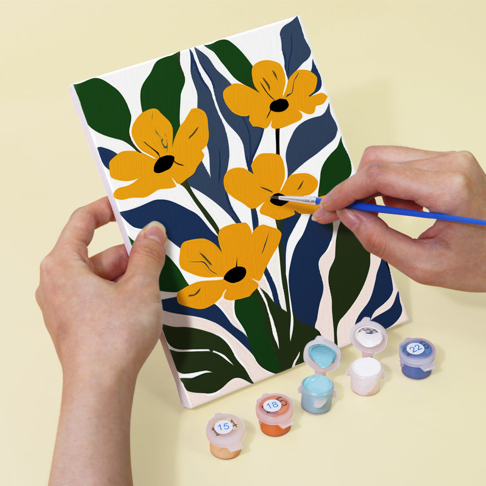 Fleurs aux Couleurs Vives parmi les Feuilles Vertes 6 Mini Peintures par Numéros