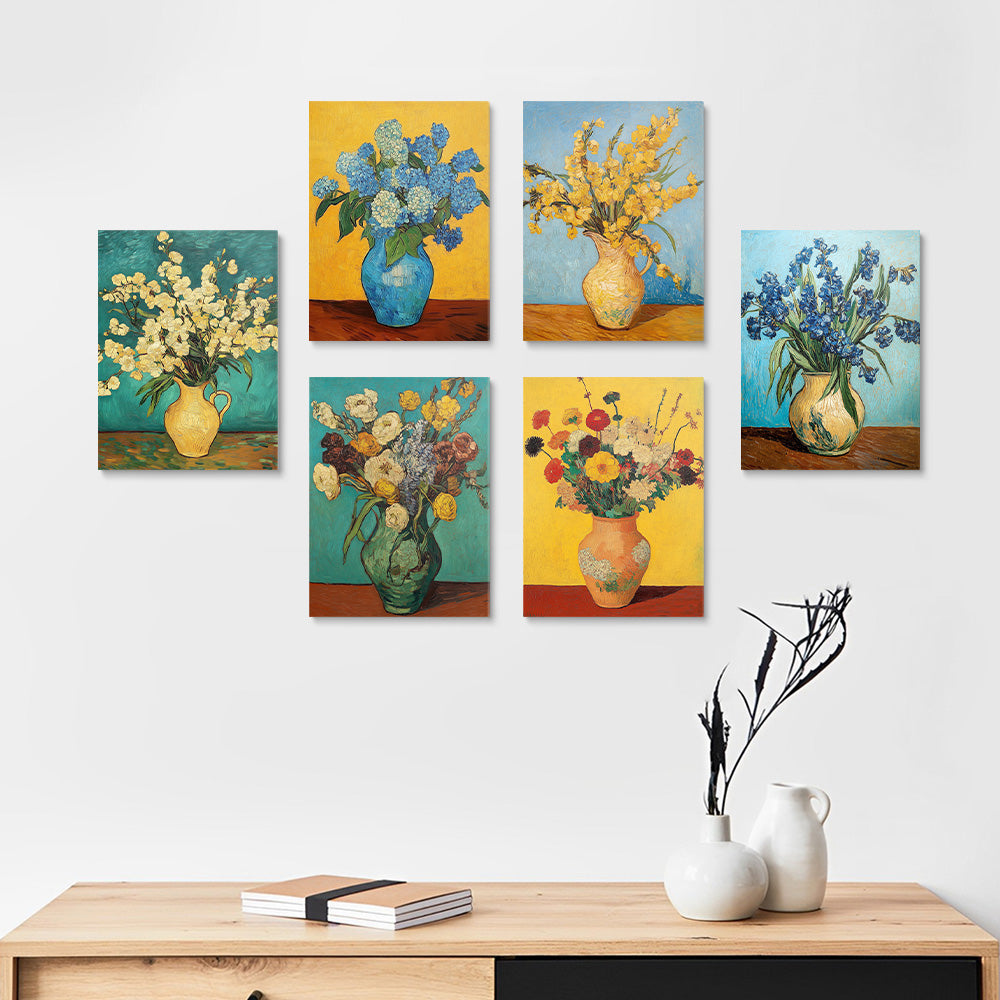 Fleurs dans des Vases dans le Style de Van Gogh 6 Mini Peintures par Numéros