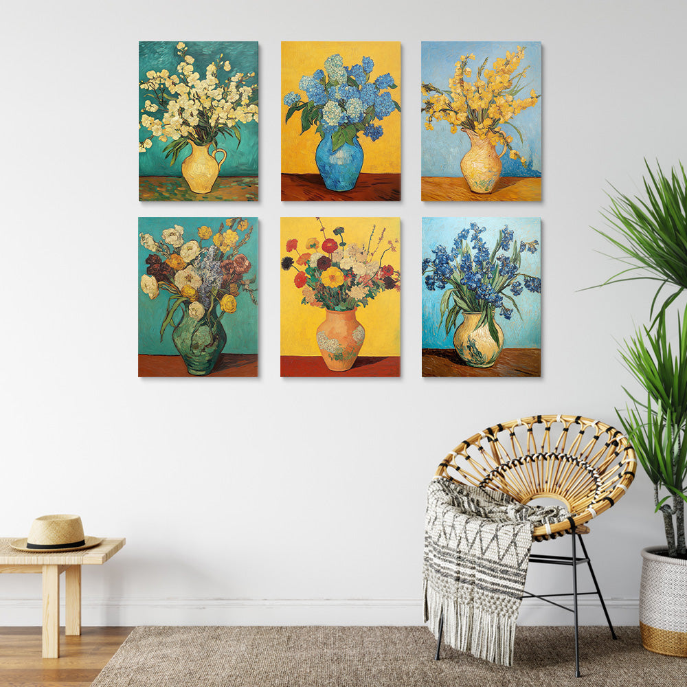 Fleurs dans des Vases dans le Style de Van Gogh 6 Mini Peintures par Numéros