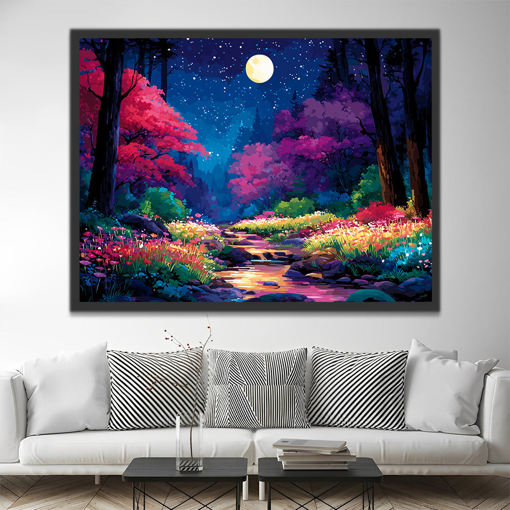 Fleurs de Forêt Colorées et Ruisseau Nocturne Peinture par Numéros