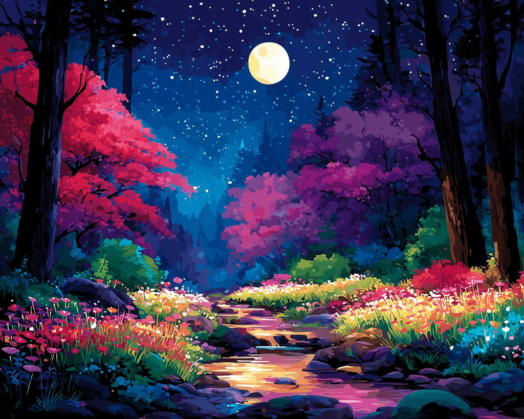 Fleurs de Forêt Colorées et Ruisseau Nocturne Peinture par Numéros
