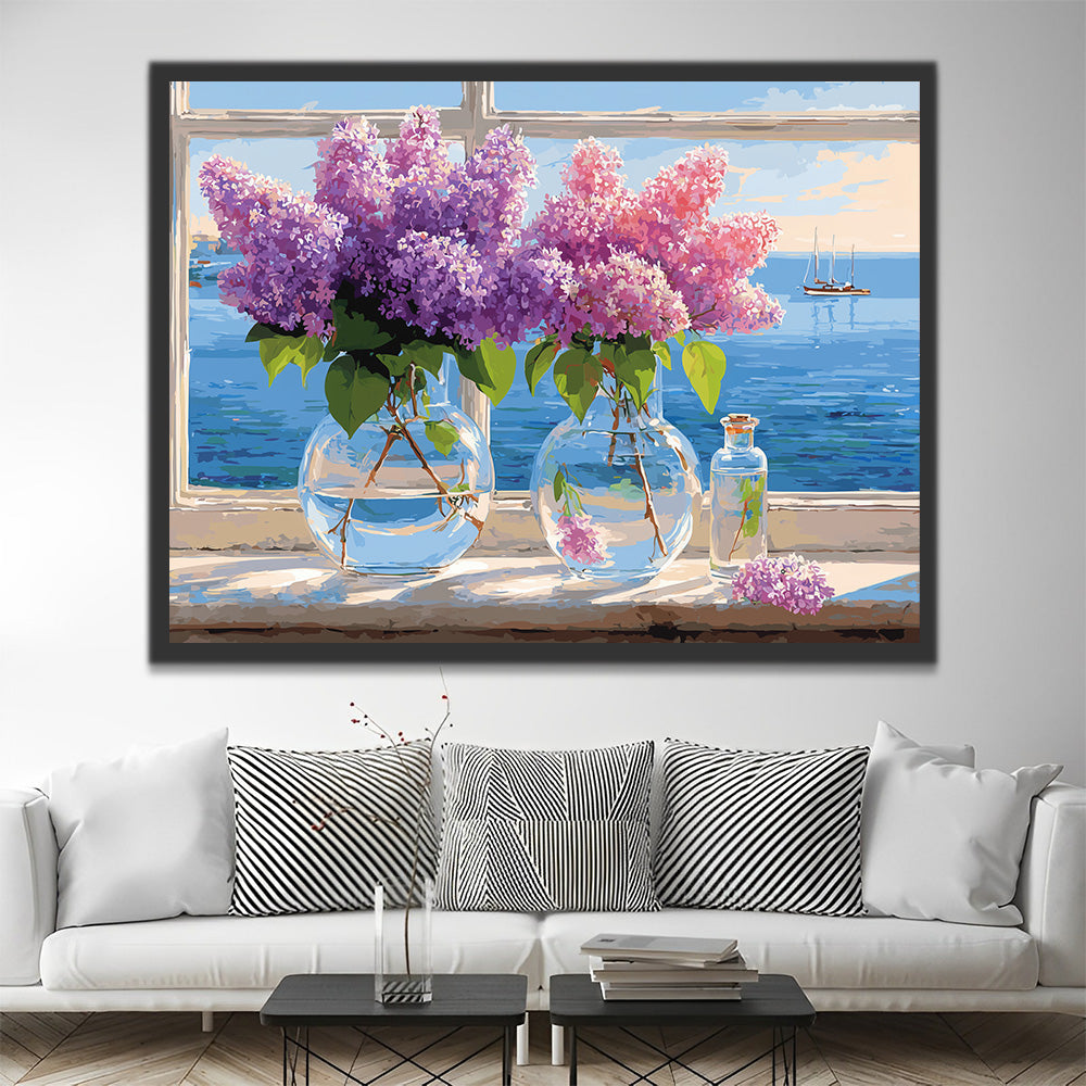 Fleurs de Lilas Roses et Violettes sur le Rebord de la Fenêtre Peinture par Numéros