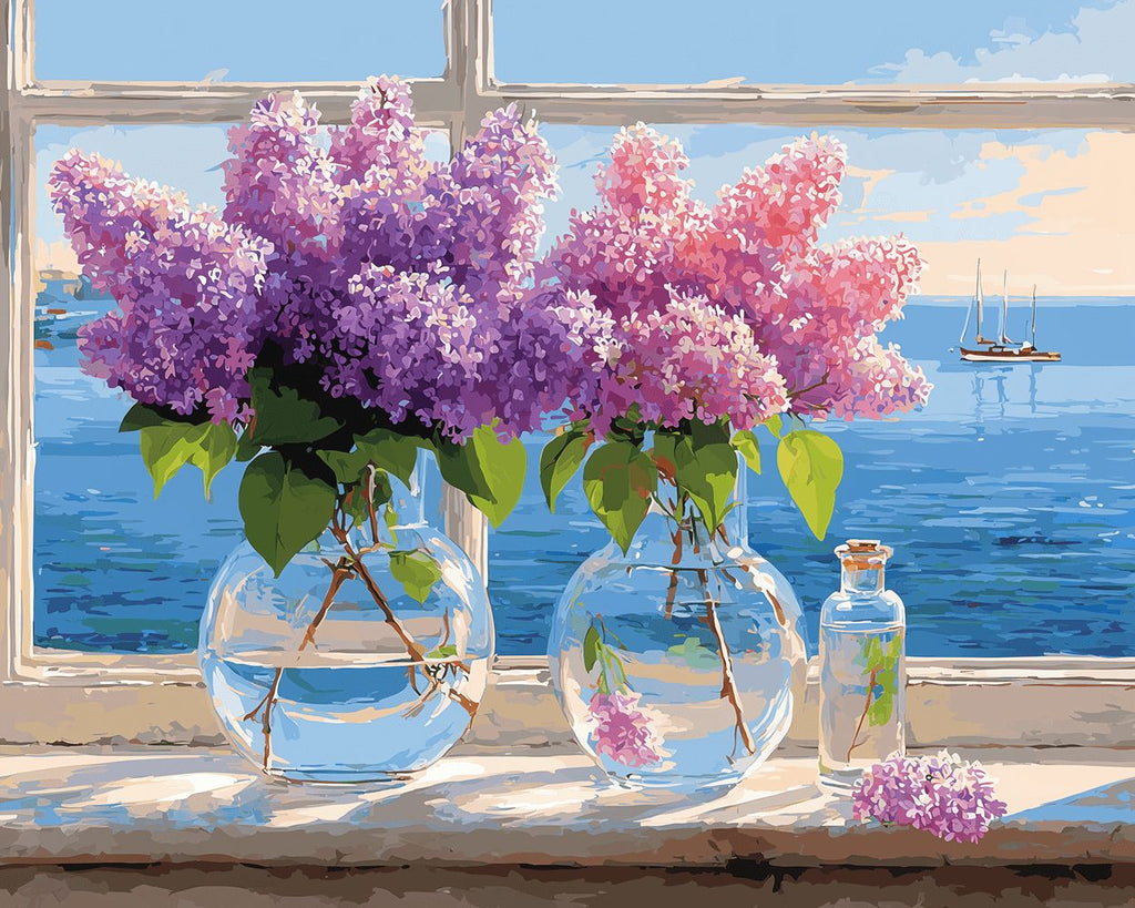 Fleurs de Lilas Roses et Violettes sur le Rebord de la Fenêtre Peinture par Numéros