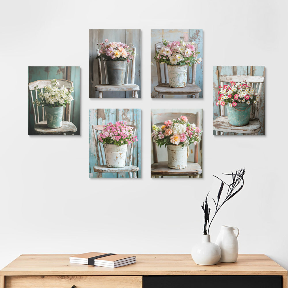 Fleurs en Pot sur Chaise 6 Mini Peintures par Numéros