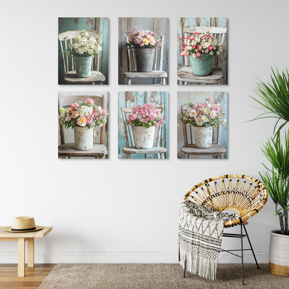 Fleurs en Pot sur Chaise 6 Mini Peintures par Numéros