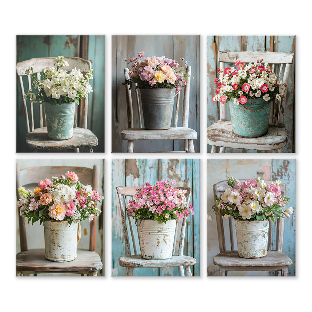 Fleurs en Pot sur Chaise 6 Mini Peintures par Numéros