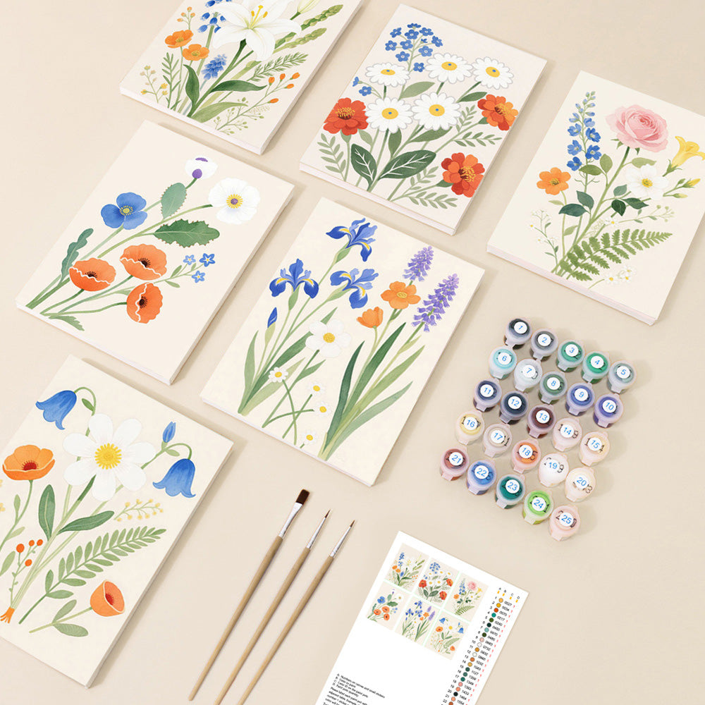 Fleurs et Feuilles Simples et Pures 6 Mini Peintures par Numéros