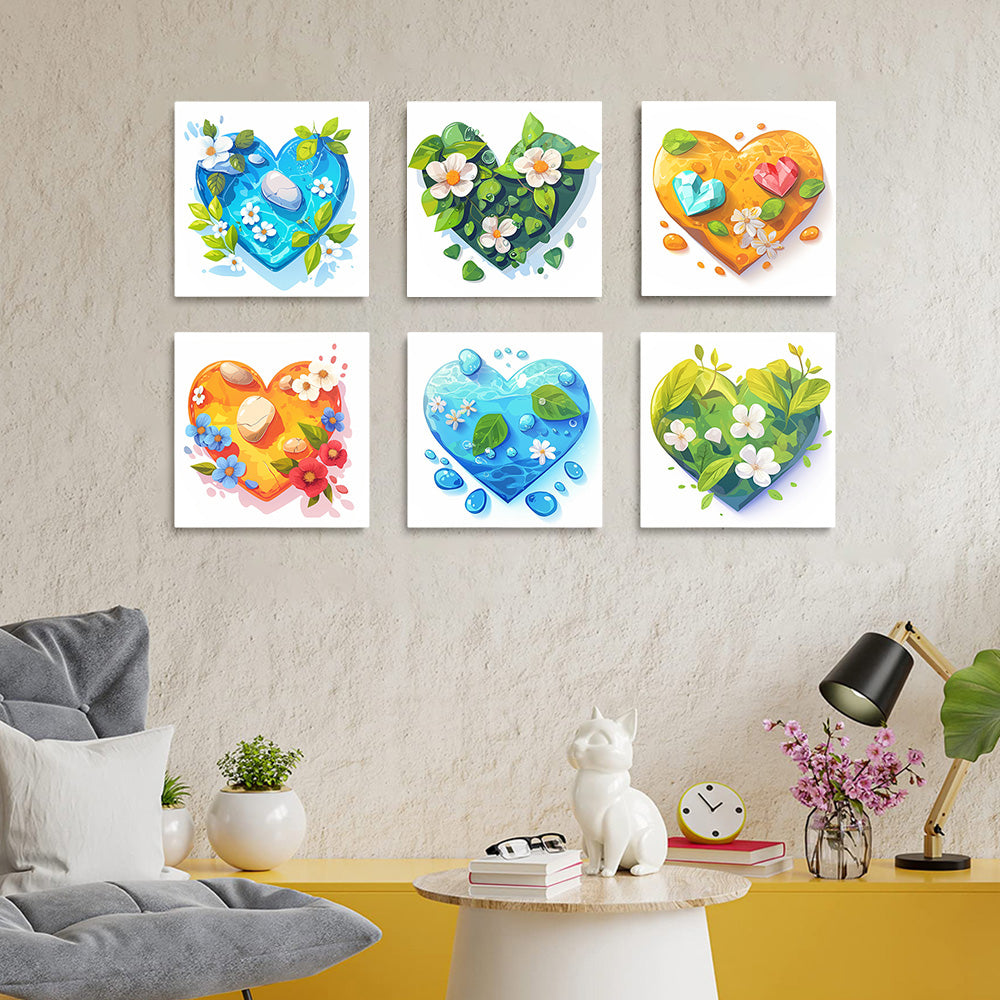Fleurs Fraîches en Forme de Cœur dans l'Eau 6 Mini Peintures par Numéros