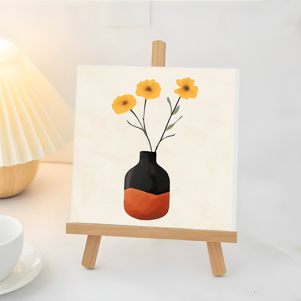 Fleurs Jaunes en Pot Noir et Orange Mini Peinture par Numéros