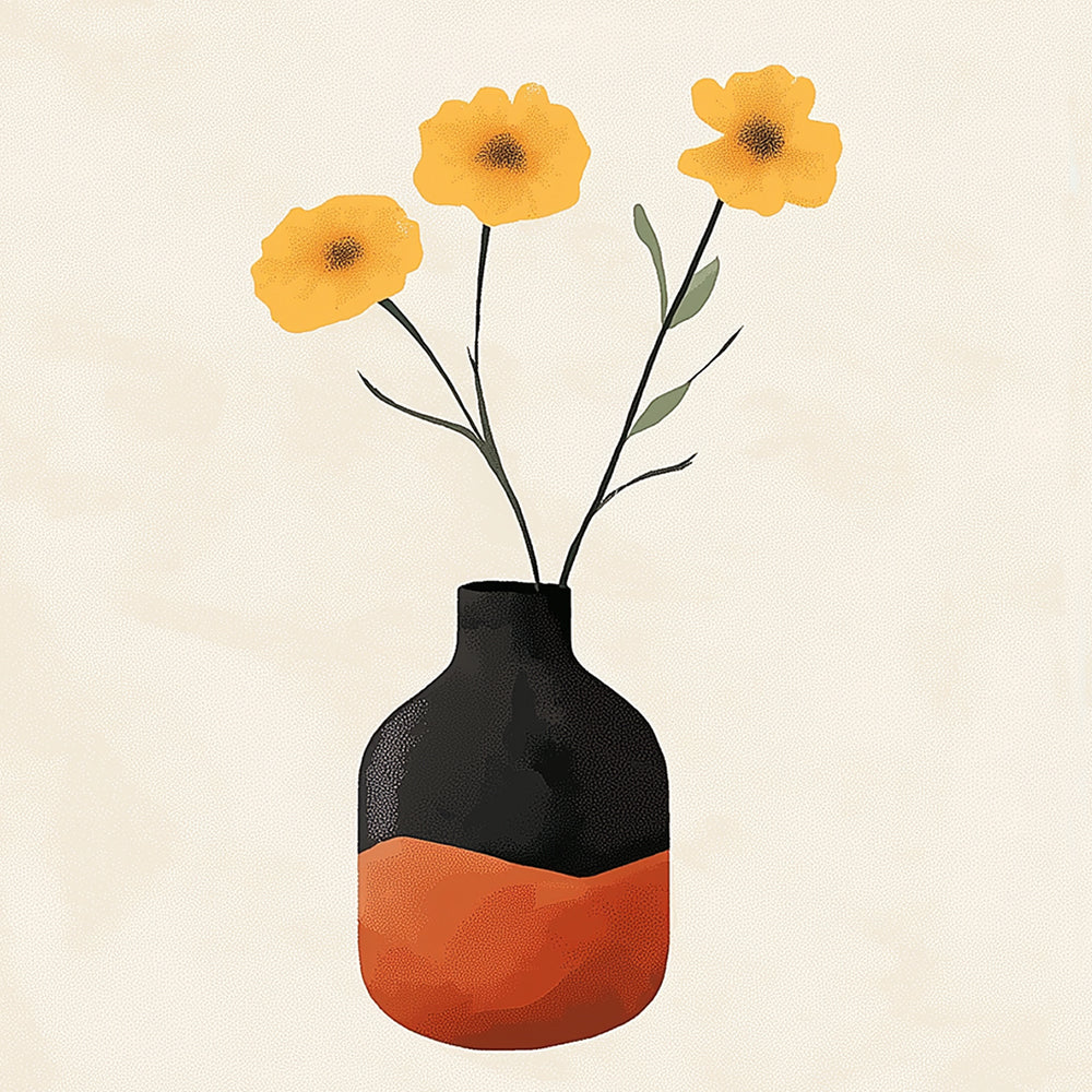 Fleurs Jaunes en Pot Noir et Orange Mini Peinture par Numéros