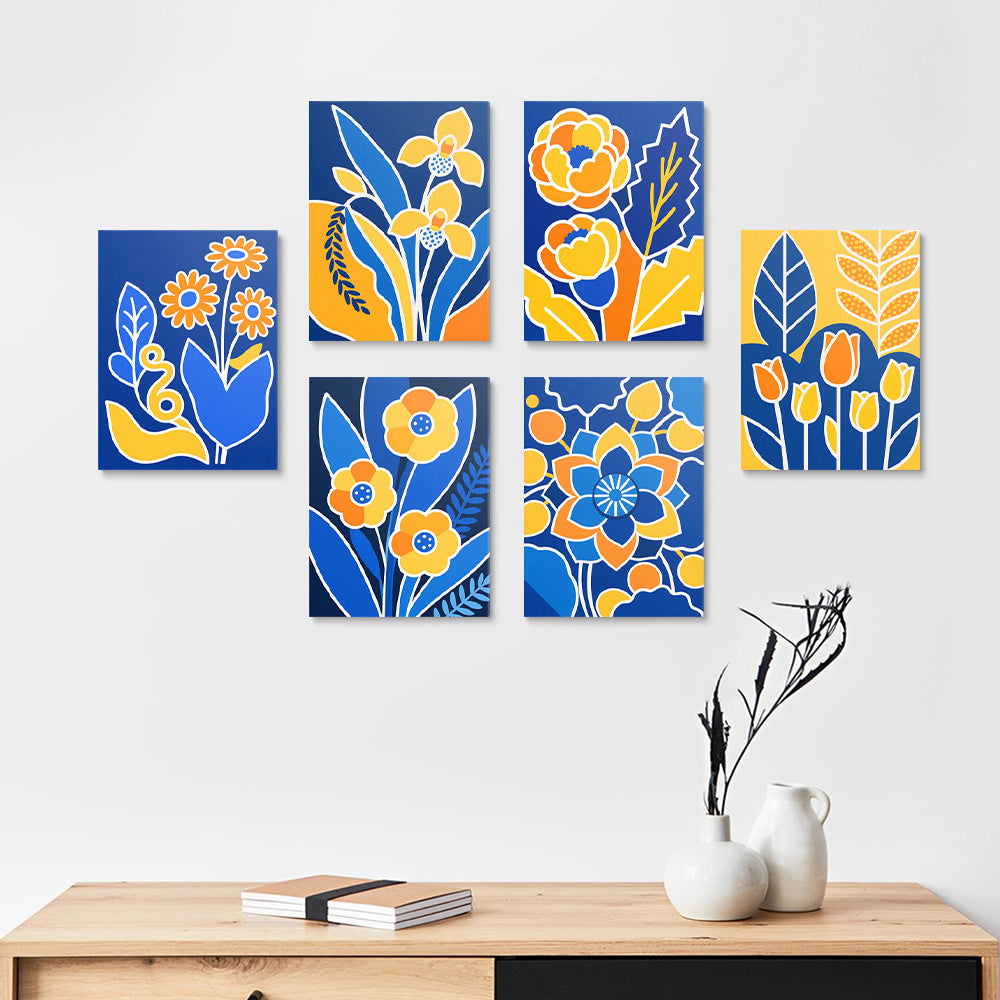 Fleurs Jaunes sur Fond Bleu 6 Mini Peintures par Numéros