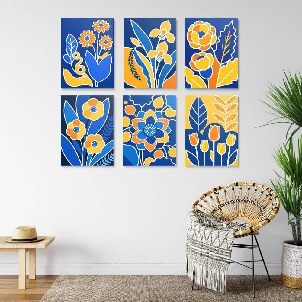 Fleurs Jaunes sur Fond Bleu 6 Mini Peintures par Numéros