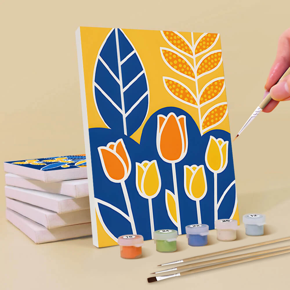 Fleurs Jaunes sur Fond Bleu 6 Mini Peintures par Numéros