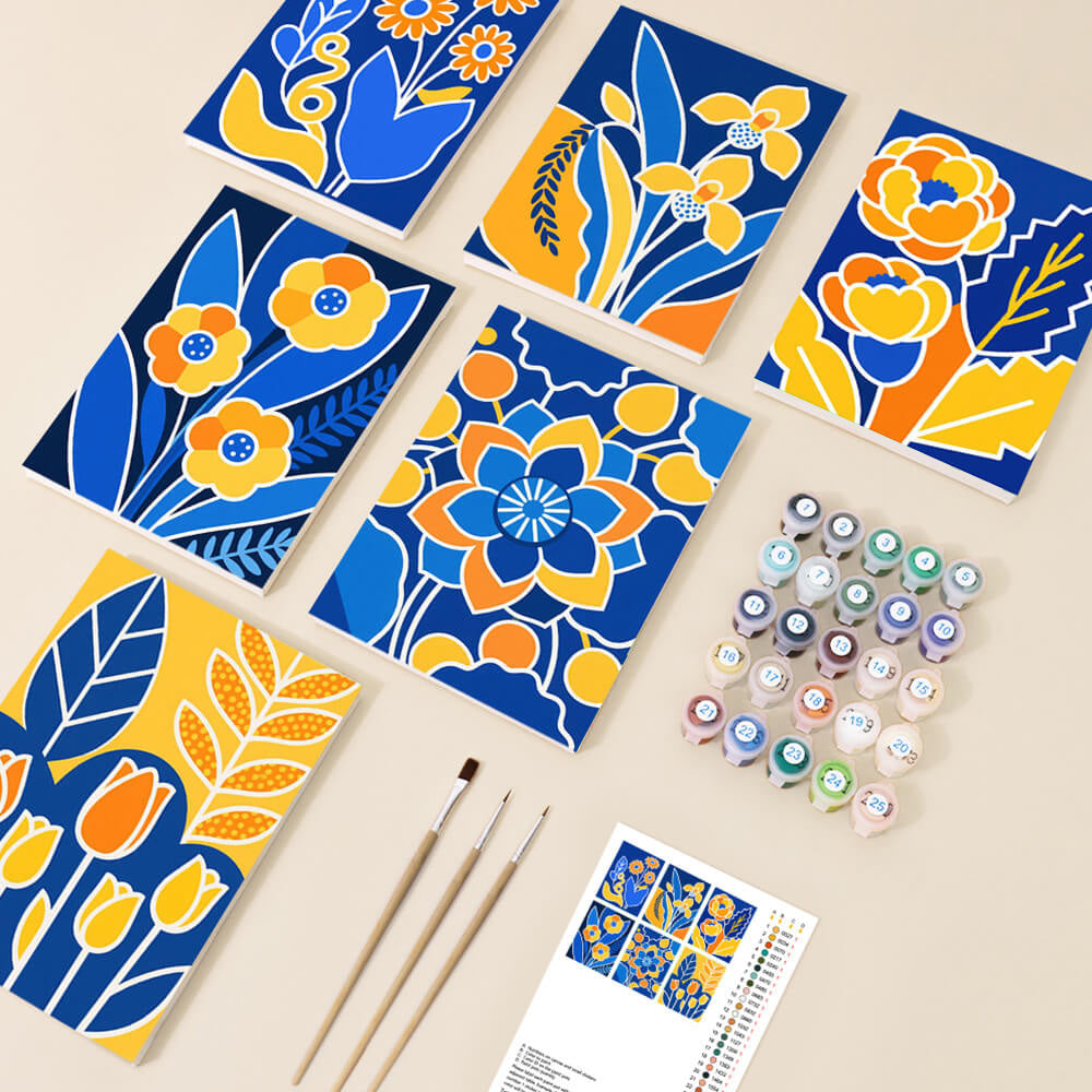 Fleurs Jaunes sur Fond Bleu 6 Mini Peintures par Numéros