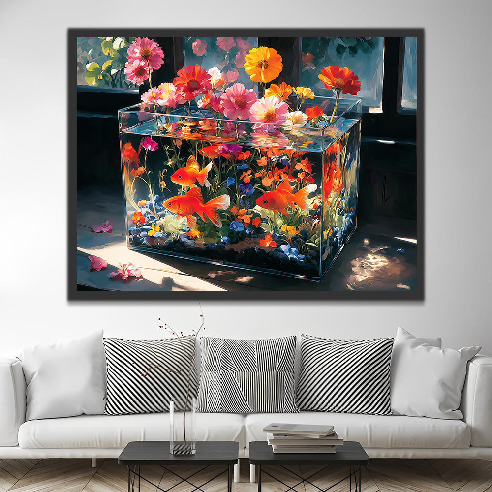 Fleurs Poussant dans l’Aquarium en Verre Peinture par Numéros