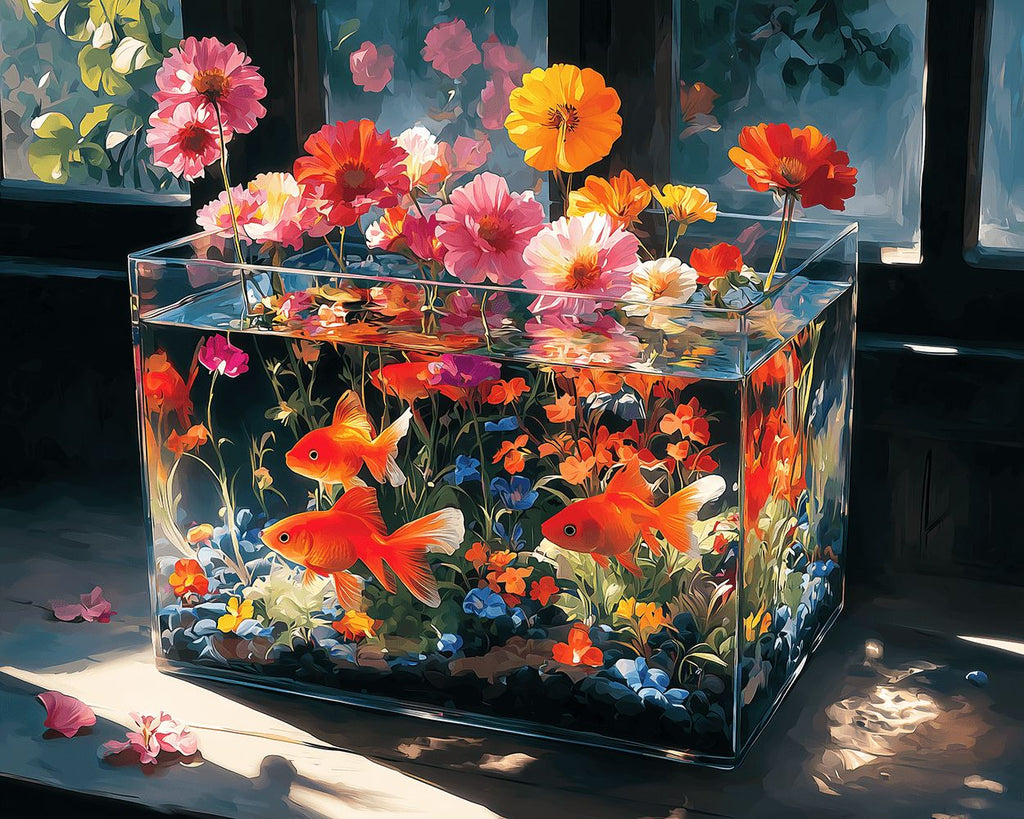Fleurs Poussant dans l’Aquarium en Verre Peinture par Numéros