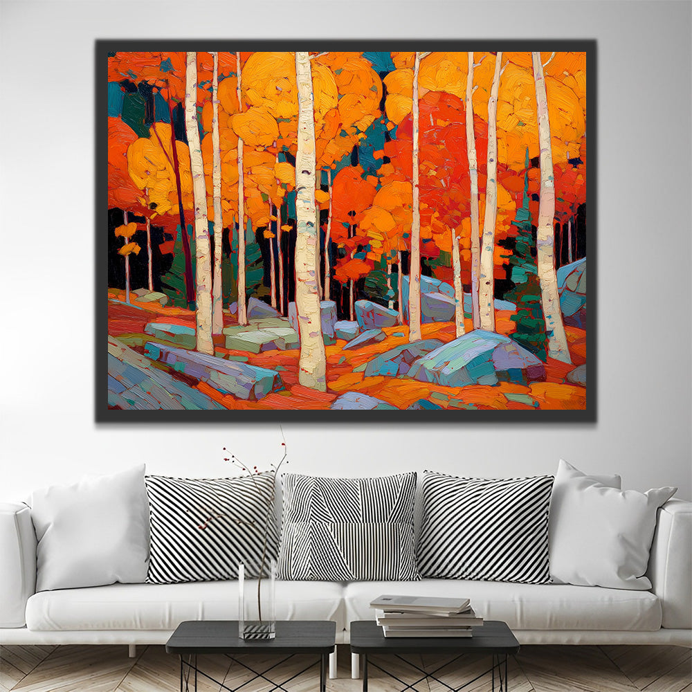Forêt de Bouleaux Orangés en Automne Peinture par Numéros
