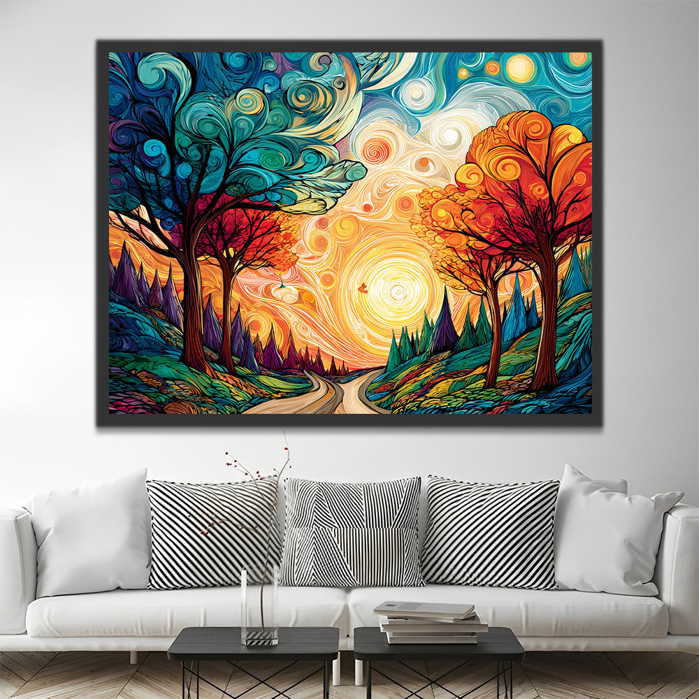 Forêt et Sentier sous un Soleil Doré Magique Peinture par Numéros