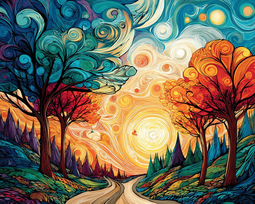 Forêt et Sentier sous un Soleil Doré Magique Peinture par Numéros