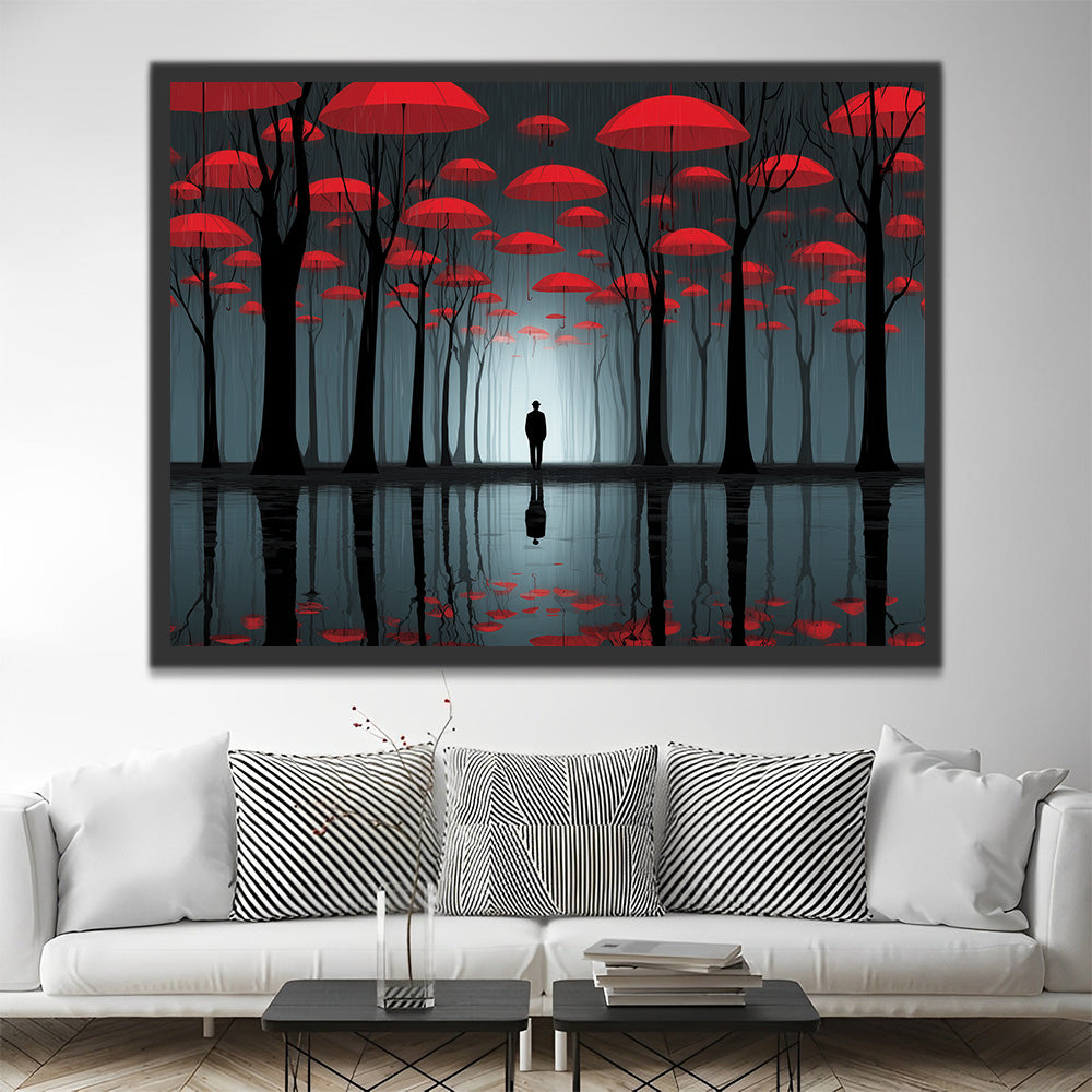 Forêt Sombre et Parapluies Rouges Flottants Réfléchis dans l’Eau Peinture par Numéros