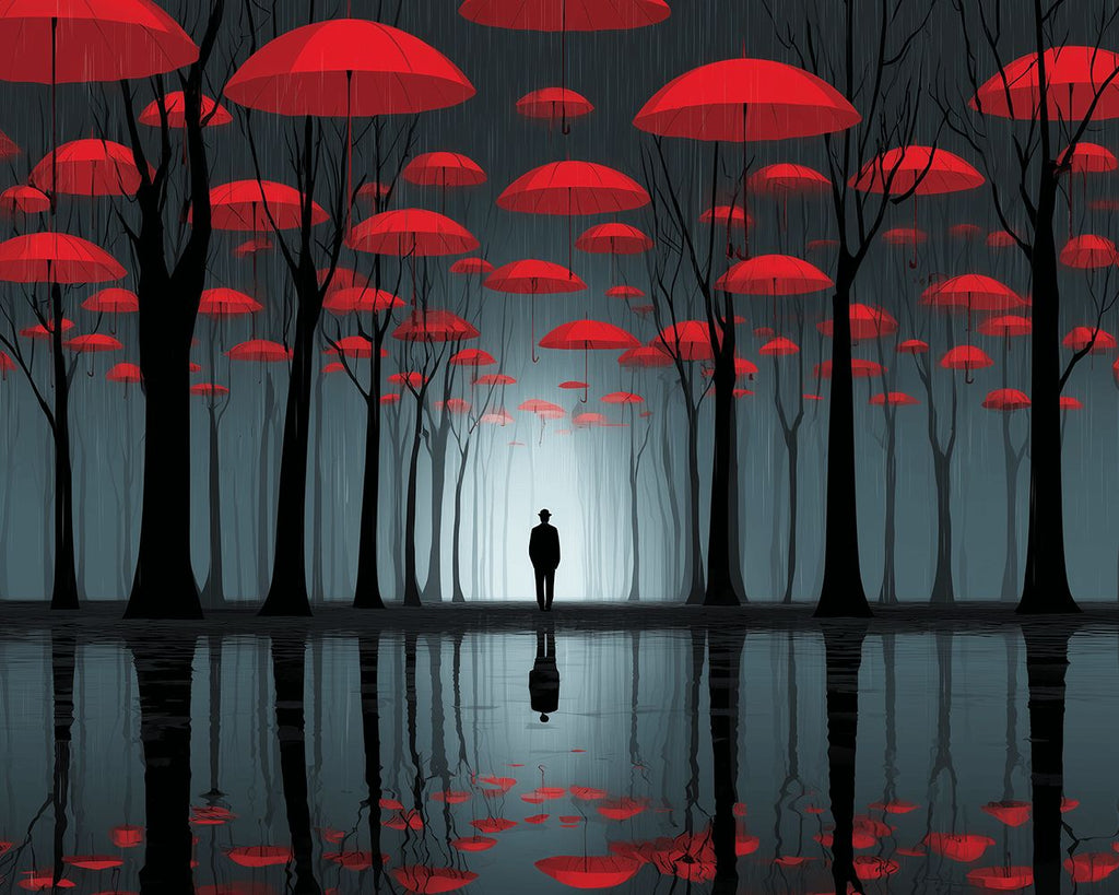 Forêt Sombre et Parapluies Rouges Flottants Réfléchis dans l’Eau Peinture par Numéros