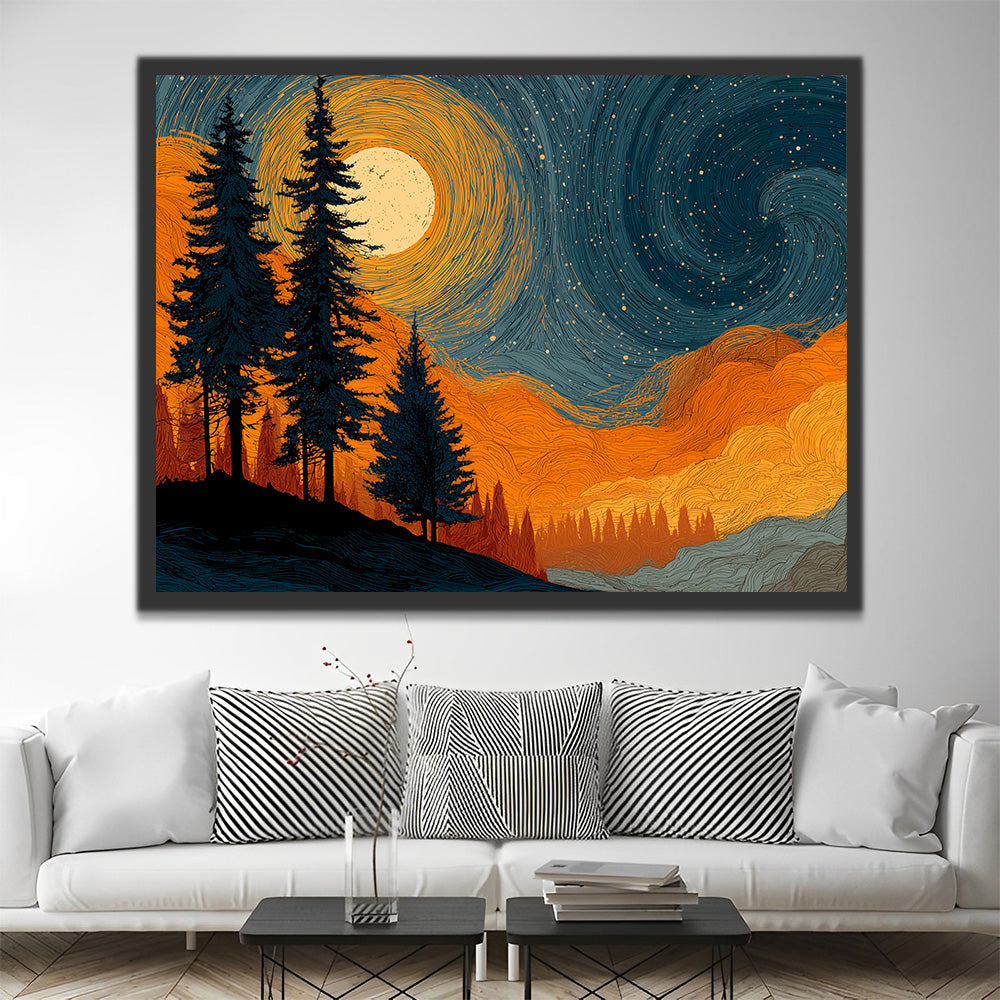 Forêt Tourbillonnante au Clair de Lune Peinture par Numéros