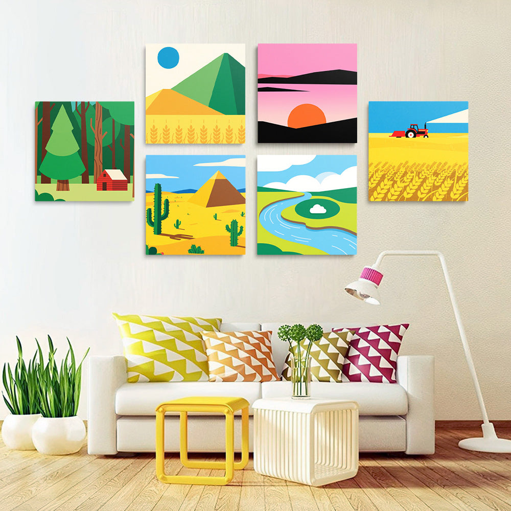 Forêts Vertes et Champs Dorés 6 Mini Peintures par Numéros
