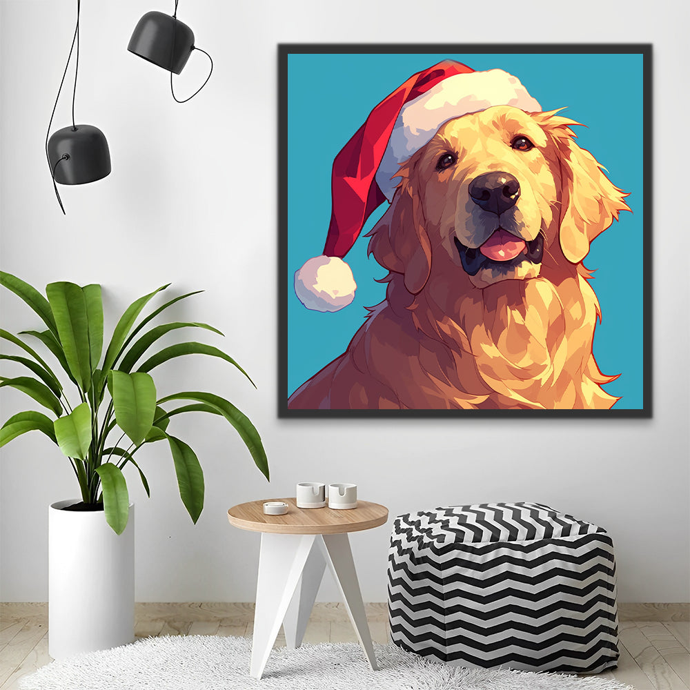 Golden retriever avec un chapeau de Père Noël Peinture par Numéros