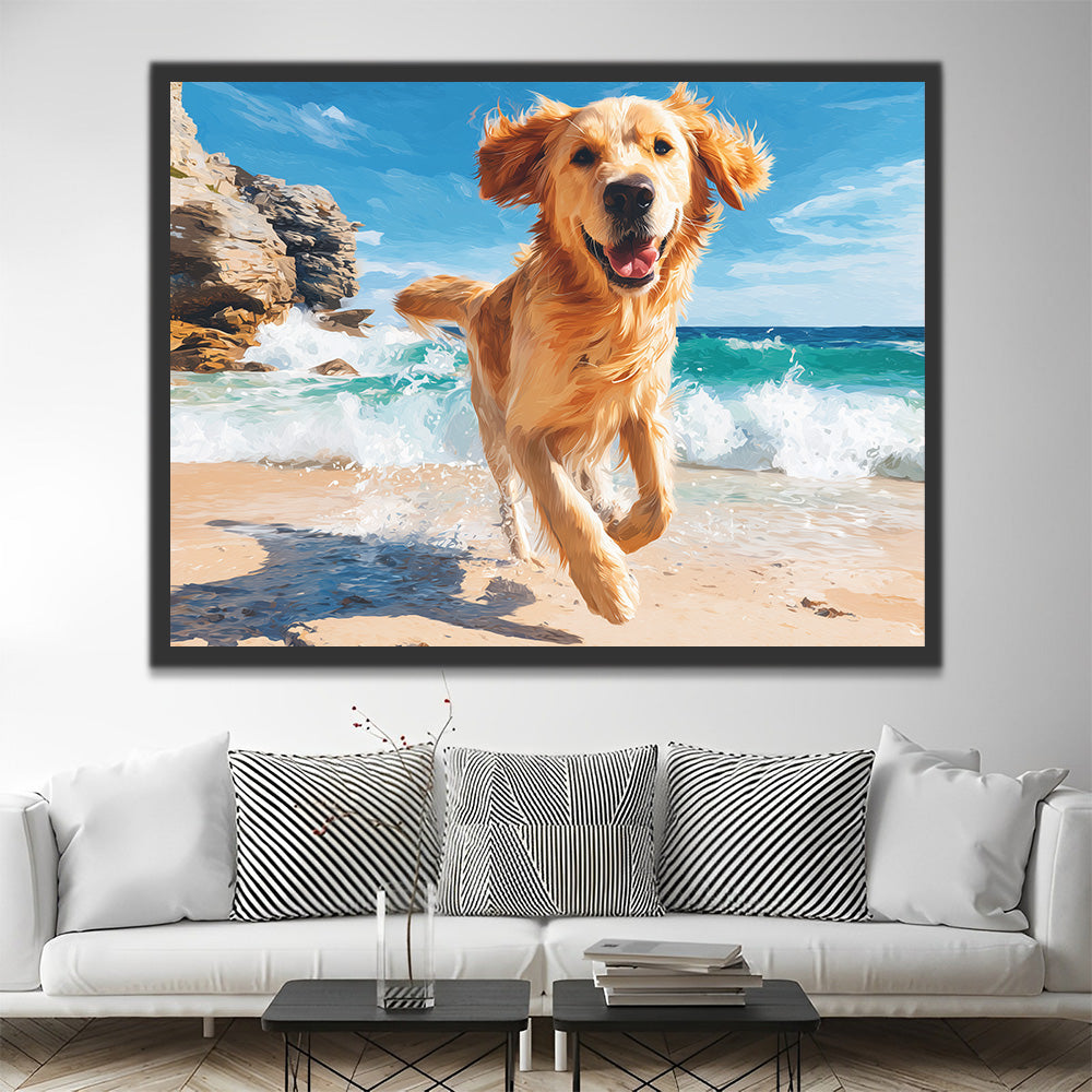 Golden Retriever Courant Heureusement au Bord de la Mer Peinture par Numéros