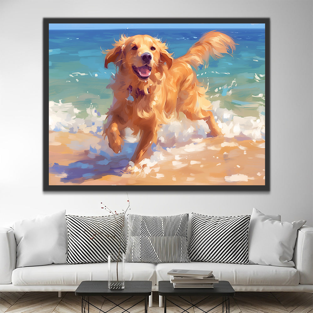 Golden Retriever Heureux Jouant dans l’Eau de la Mer Peinture par Numéros