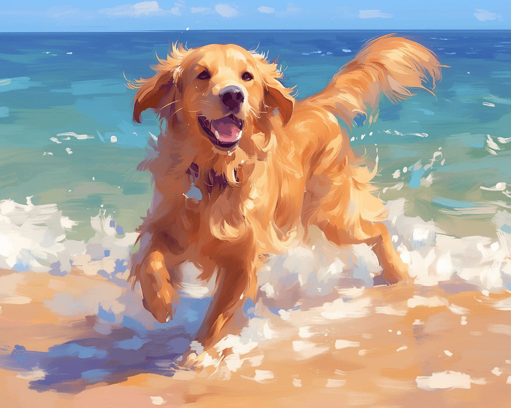 Golden Retriever Heureux Jouant dans l’Eau de la Mer Peinture par Numéros