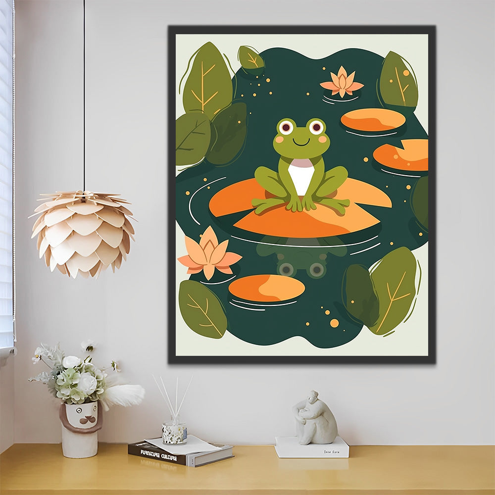 Grenouille de Dessin Animé dans l’Étang de Lotus Peinture par Numéros