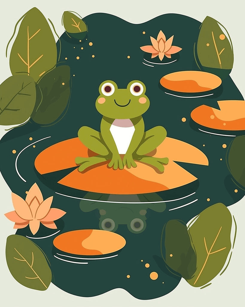 Grenouille de Dessin Animé dans l’Étang de Lotus Peinture par Numéros