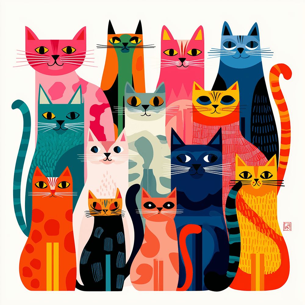Groupe de Chats Colorés et Sourire Peinture par Numéros