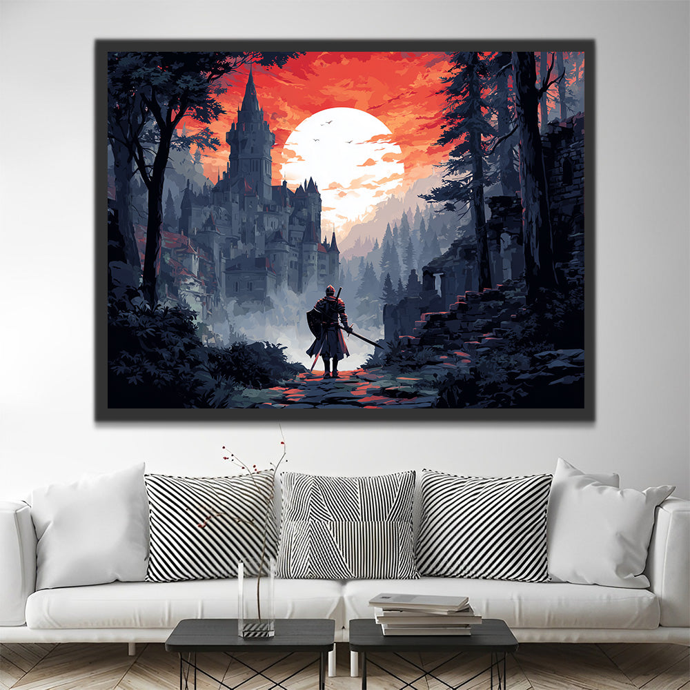 Guerrier sous le Château Sombre Peinture par Numéros