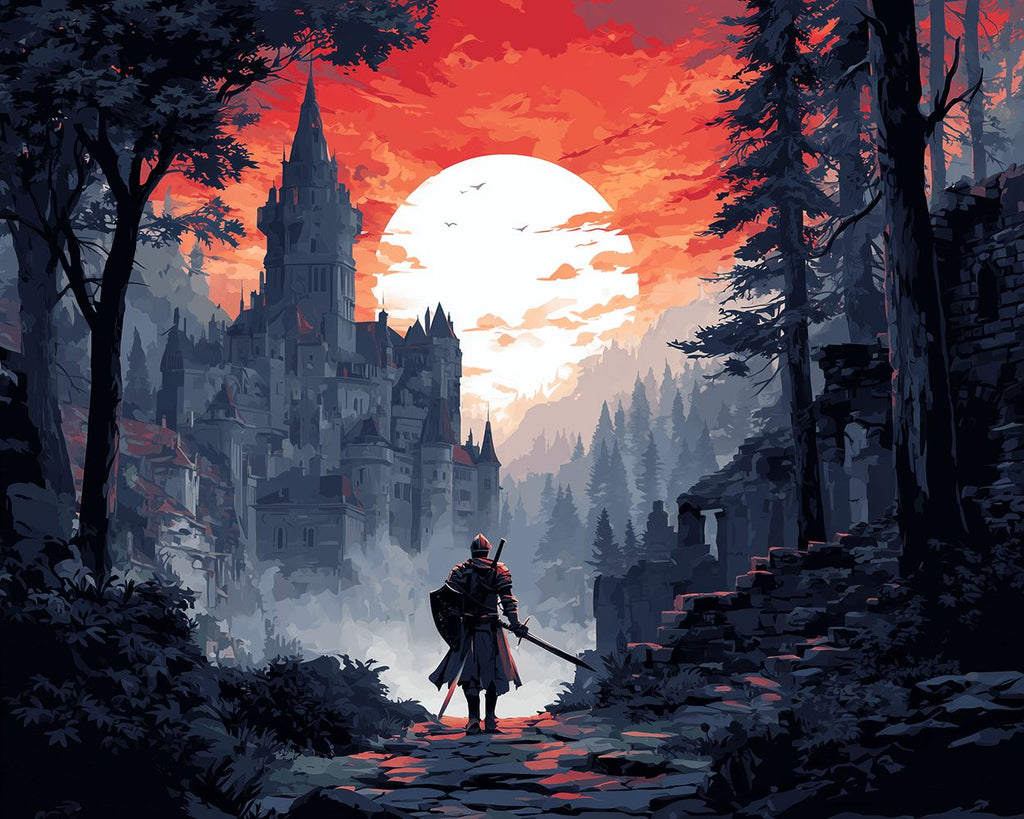 Guerrier sous le Château Sombre Peinture par Numéros